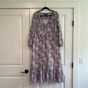 Modcloth Women's Longsleeve‎ Cotton Maxi Dress Blue Yellow Purple Floral Size 14
